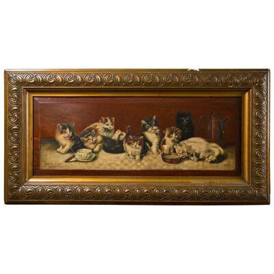 Antique Playful Kittens, Oil on Board Painting, Framed, Signed Dated 1909