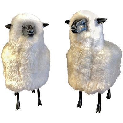 Pair of Mid-Century Modern Francois Lalanne Style Sheep Sculpture, Wool / Resin