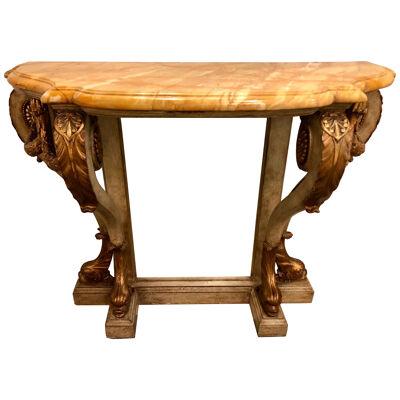 Neoclassical Style Marble-Top Bowed Table Mirrored Back Gilded Dolphin Accents