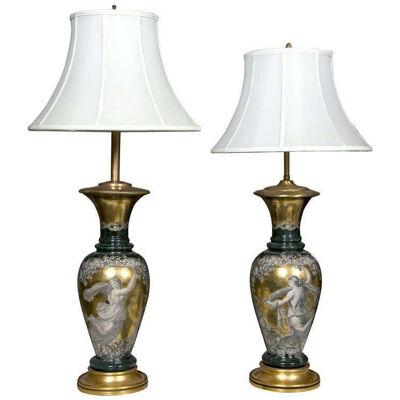 Pair Classical Design Table Lamps Urn Shape Form Reverse Glass Depicting Goddess
