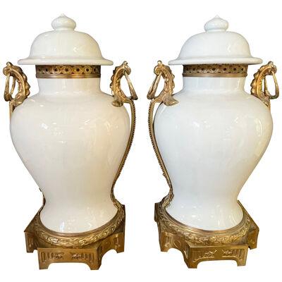 Pair of 19th Century French Lidded Baluster Vases / Urns Porcelain & Dore Bronze