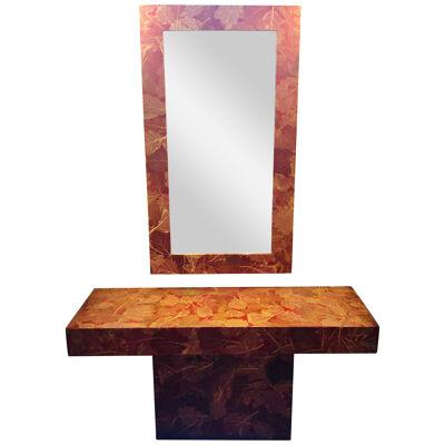 MCM Gold Leave Design Decoupage Painted Console Vanity with Matching Mirror