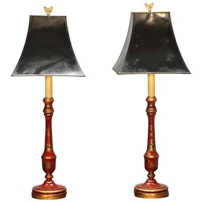 Chinoiserie, Table, Desk Lamps, Red Jappanned Wood, Giltwood, 1940s