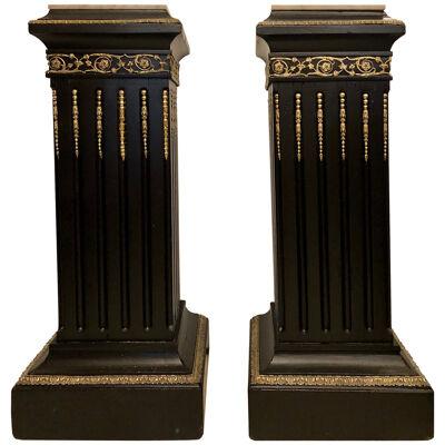 Hollywood Regency Neoclassical Ebony Pedestals, Bronze Mounted Marble Tops, Pair