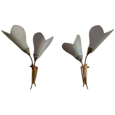 Pair of Italian Mid-Century Modern Sculptural Flower Sconces, Brass, 1940s