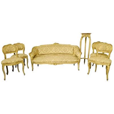 Louis XV Painted Living room Suite. Settee, 4 Side chairs, Center Table