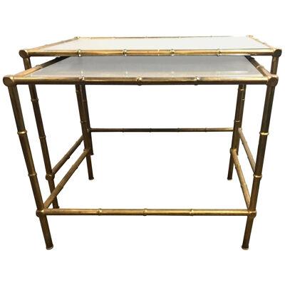 Brass Nest of Tables with Mirror Tops in Bamboo Form