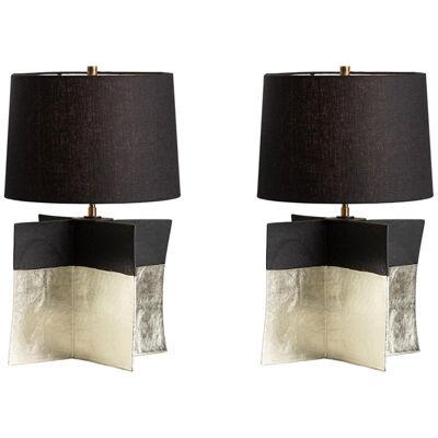 Pair Contemporary Stoneware Ceramic Croisillon Style Table / Desk Lamps, Glazed