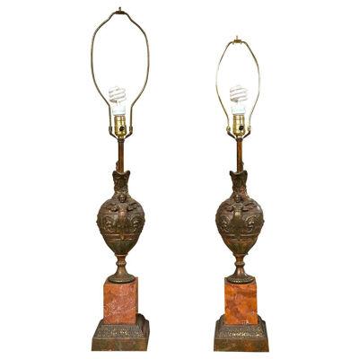 Pair of Bronze Ewers Mounted as Lamps