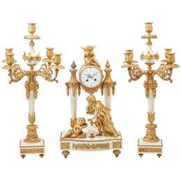 Louis XVI Style, Three Piece Clock Garniture, Gilt Bronze, Marble, France, 1920s