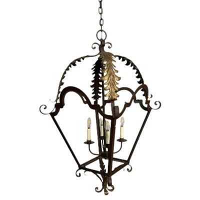 Wrought Iron and Brass Architectural Lantern Chandelier