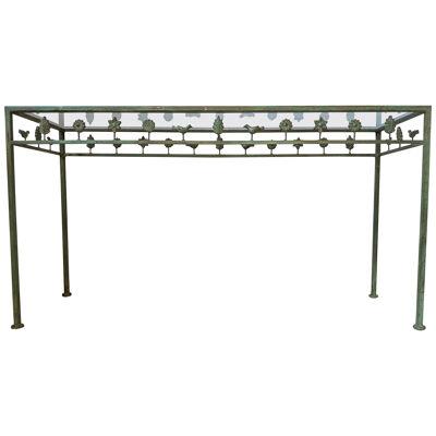 Mid-Century Modern Diego Giacometti Style Rustic Metal Console Table, Glass Top