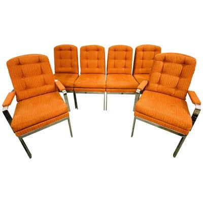 Set of Six Mid Century Modern Dining Chairs, Milo Baughman Style, Chrome, Fabric