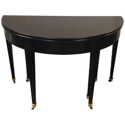 Ebony Demilune Card/Center or Dining Table, Hollywood Regency Attributed Jansen