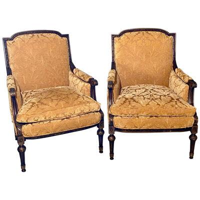 Pair of Jansen Style Fauteuils or Armchairs, Louis XVI Form with Velvet Fabric