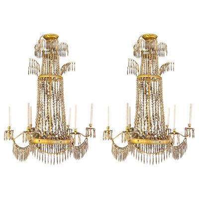 Neoclassical Style Bronze and Crystal Monumental Chandeliers, a Pair