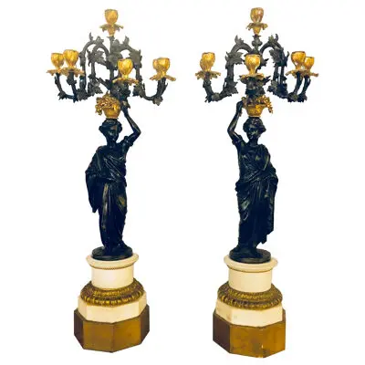 Pair of Neoclassical Style Bronze Six-Arm Figural Candelabra
