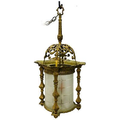 Empire Dore Lantern Chandelier, Frosted Etched Glass, 19th Century, Solid Bronze