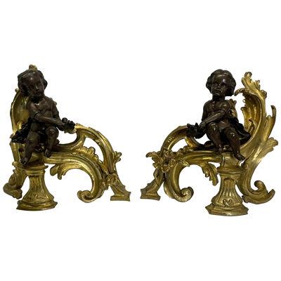 Pair Patinated Gilt Bronze Cherub Fireplace Andirons, Chenets Antique Louis XV