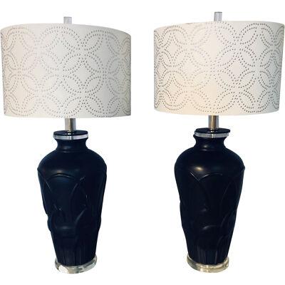 Pair of Art Deco Style Modern Black Table Lamps Lucite Base and Antelopes