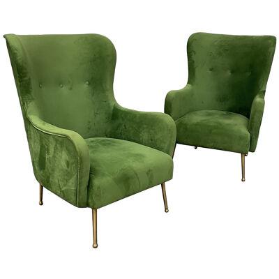 Pair of Mid-Century Italian Wingback Arm Chairs, Green Velvet, Gilt Metal Legs