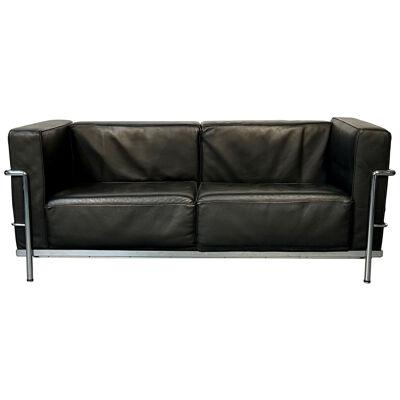 Mid-Century Modern LC2 Sofa by Le Corbusier, Black Leather, Two Seater, Perriand