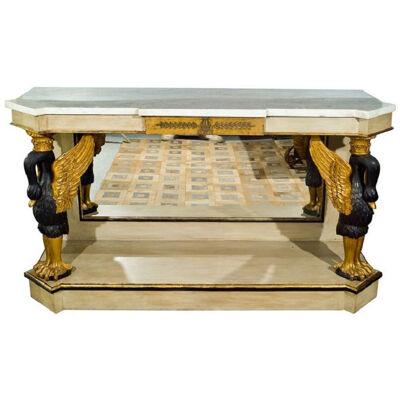 French Marble Top Console with Gilt Carved Swans Mirrored Back manner of Jansen