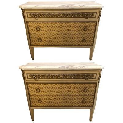 Hollywood Regency Maison Jansen Style Bronze Mounted Commodes Chests Nightstands
