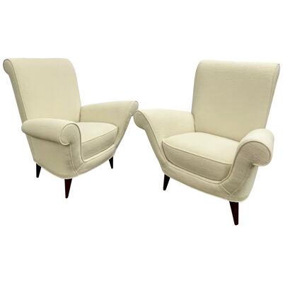 Mid-Century Modern Pair Lounge Chairs, Manner of Paolo Buffa, Bouclé