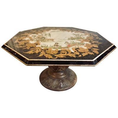 Octagon Chinoiserie Decorated Mirror Top Low Coffee Table with Carved Wood Base