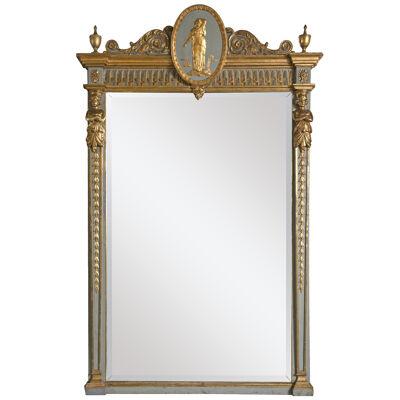 19th Century French Parcel-Gilt Painted Swedish Beveled Mirror Carved Figures