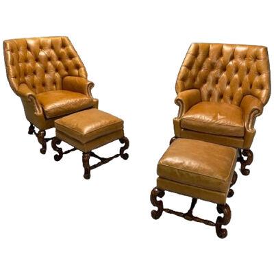 Georgian, Large Tufted Lounge Chairs and Ottomans, Tan Leather, USA, 2000s