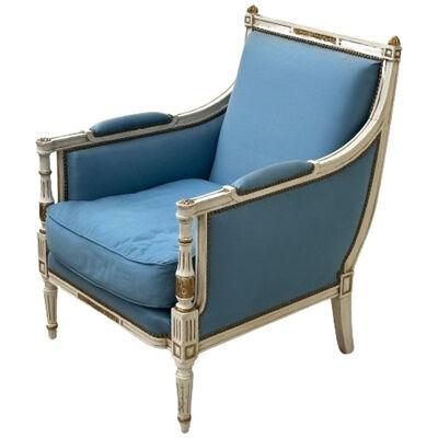 Louis XVI, French Arm Chair, Painted Wood, Giltwood, Baby Blue Fabric, 1950s