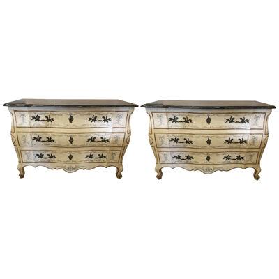 Pair of Painted Bombe Marble-Top Chests or Commodes by John Widdicomb
