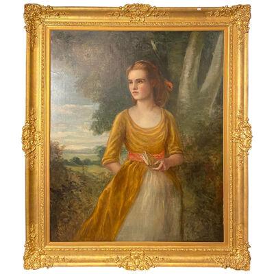 19th C. Palatial Oil on Canvas of a Young Beauty Finely Carved Gilt Gesso Frame