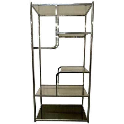 Mid Century Modern Smoke Glass and Chrome Etagere, Bookcase, Wall Unit