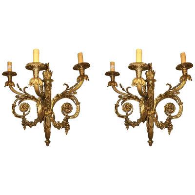 Pair of Monumental Three-Light Sconces Solid Bronze Louis XVI Style