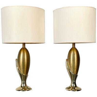 Pair of French Mid-Century Modern Sculptural Bronze Table / Desk Lamps