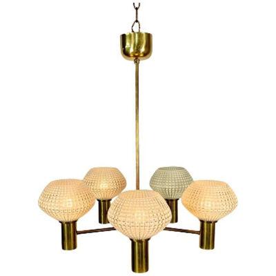 Swedish Mid-Century Modern Chandelier, Five Light, Brass and Textured Glass