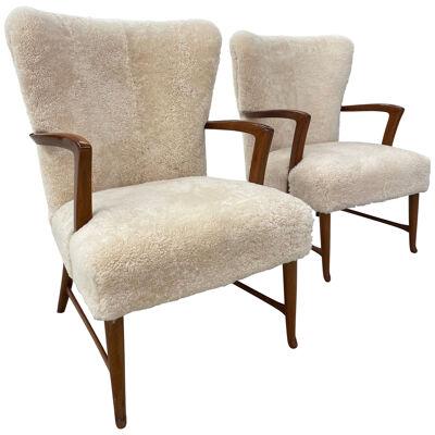 Pair of Paola Buffa Style Italian Lounge Chairs in Neutral Sheepskin