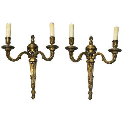 Louis XVI or Adams Style Bronze Two Light Wall Sconces, Electrified. 