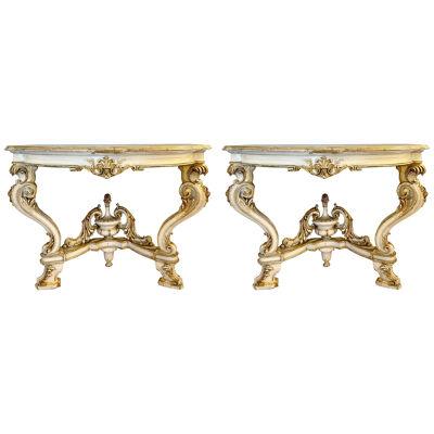 Pair of Italian Parcel Paint and Gilt Decorated Faux Marble-Top Console Tables
