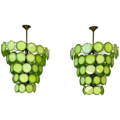 Pair of Murano Disc Mid-Century Modern Chandeliers, Antique Brass, New Wired