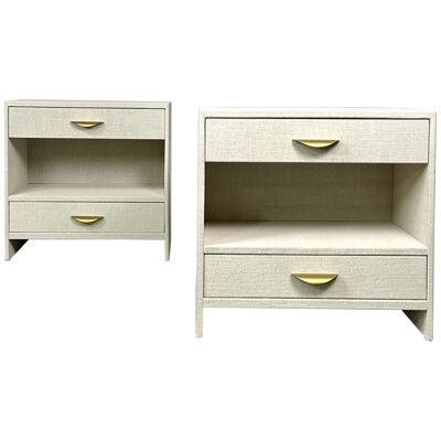 Pair Custom Linen Wrapped Open Commodes, Chests, Nightstands, White, American