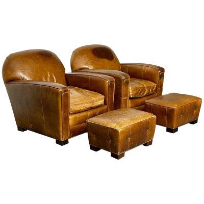 Pair of Large Art Deco Distressed Leather French Club / Lounge Chairs
