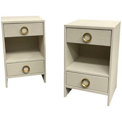 Pair Modern White Linen Wrapped Nightstands, End, Side Tables, Brass, American