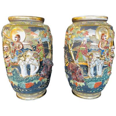 Pair of Antique Japanese Satsuma Vases Figural Scenes	
