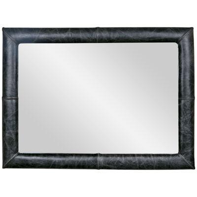 Mid-Century Wall Mirror Decorated Distressed Leather Upholstered Frame