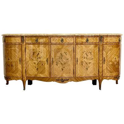 French Louis XV Style Sideboard, Inlaid, Marble Top, Monumental, Bronze Mounted