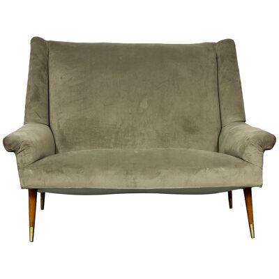 Italian Mid-Century Modern Gio Ponti Style Sofa / Settee, Velvet, Walnut, 1950s